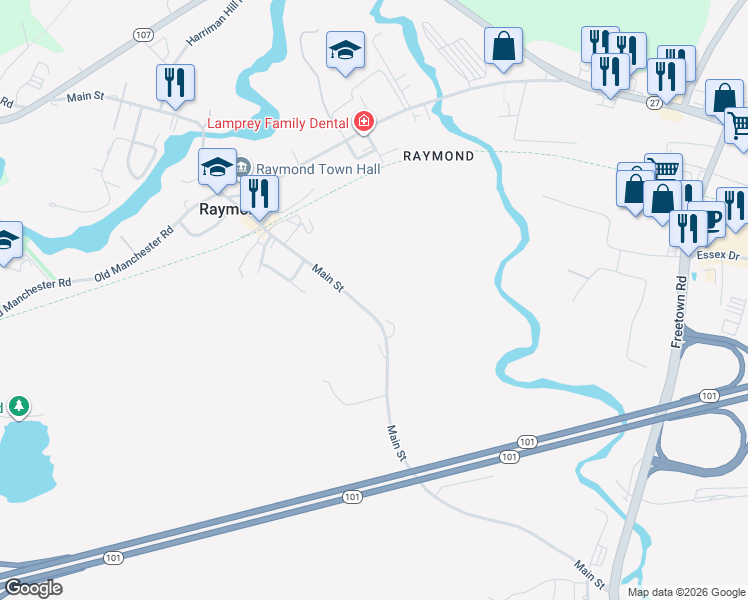 map of restaurants, bars, coffee shops, grocery stores, and more near 102 Main Street in Raymond