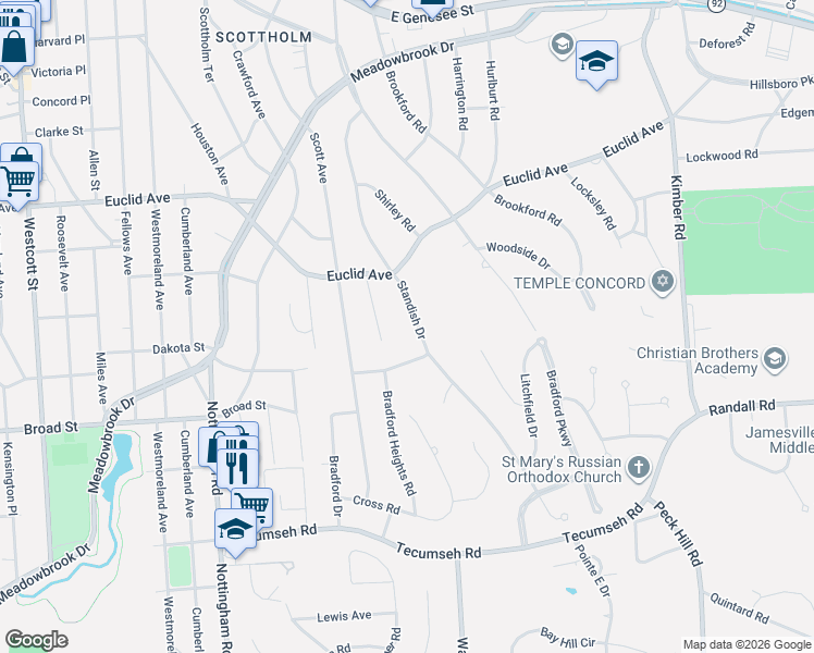 map of restaurants, bars, coffee shops, grocery stores, and more near 312 Standish Drive in Syracuse