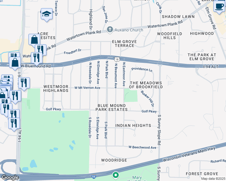map of restaurants, bars, coffee shops, grocery stores, and more near 285 North Beaumont Avenue in Brookfield