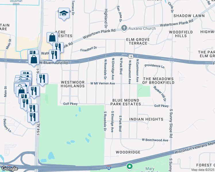 map of restaurants, bars, coffee shops, grocery stores, and more near 280 North Rosedale Drive in Brookfield