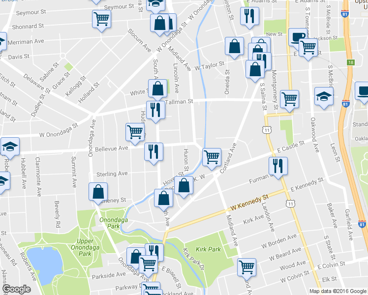 map of restaurants, bars, coffee shops, grocery stores, and more near 131 Bellevue Avenue in Syracuse