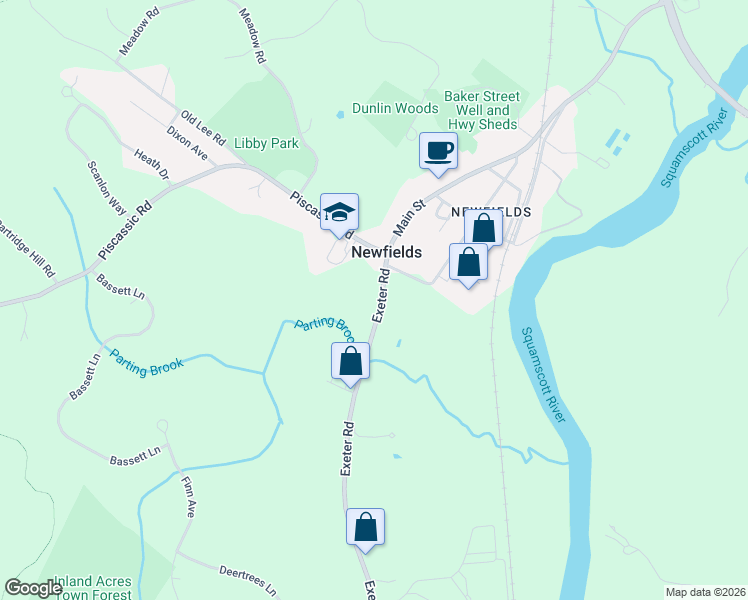 map of restaurants, bars, coffee shops, grocery stores, and more near 100 Exeter Road in Newfields