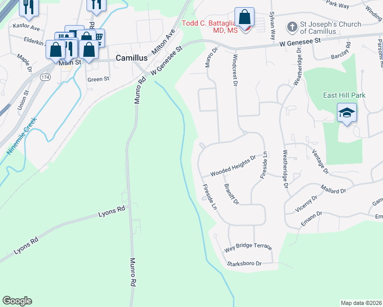 map of restaurants, bars, coffee shops, grocery stores, and more near 112 Fireside Lane in Camillus