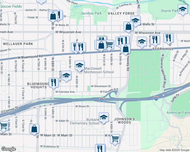 map of restaurants, bars, coffee shops, grocery stores, and more near in Milwaukee