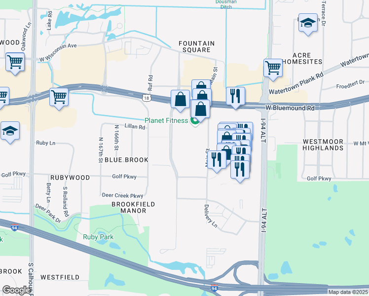 map of restaurants, bars, coffee shops, grocery stores, and more near 300 North Executive Drive in Brookfield