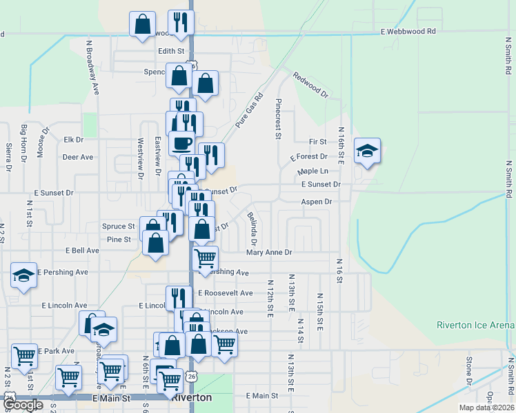 map of restaurants, bars, coffee shops, grocery stores, and more near 1111 Forest Drive in Riverton