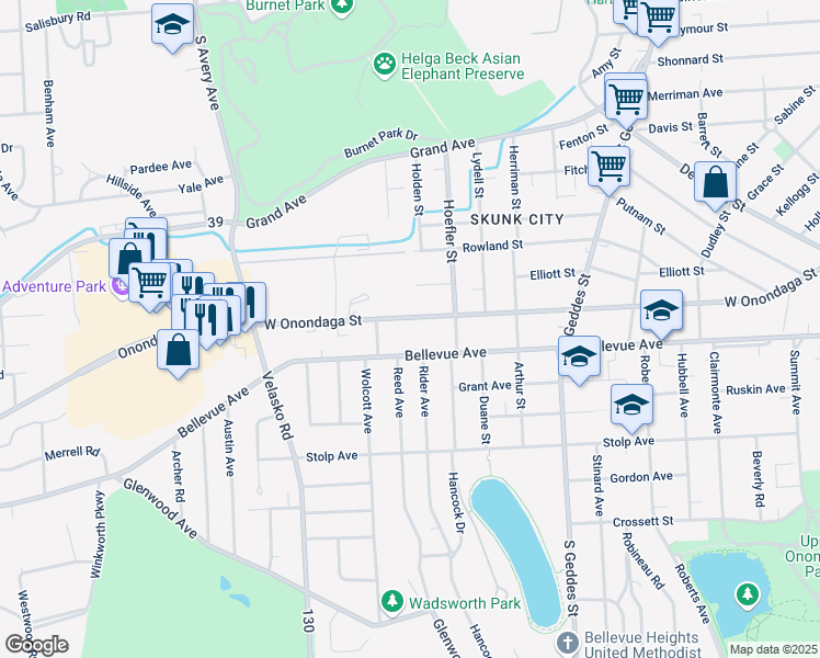 map of restaurants, bars, coffee shops, grocery stores, and more near 1661 West Onondaga Street in Syracuse