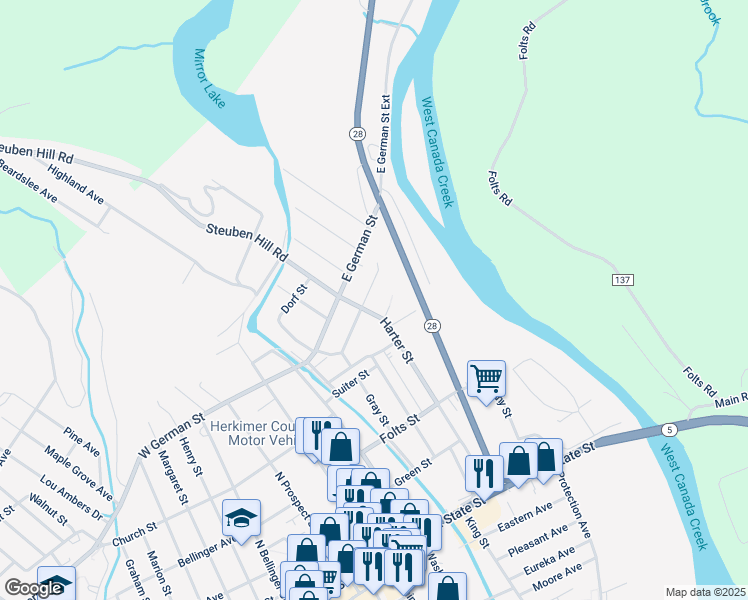 map of restaurants, bars, coffee shops, grocery stores, and more near 404 Lansing St in Herkimer