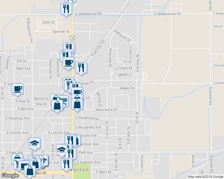 map of restaurants, bars, coffee shops, grocery stores, and more near 1209 Aspen Drive in Riverton