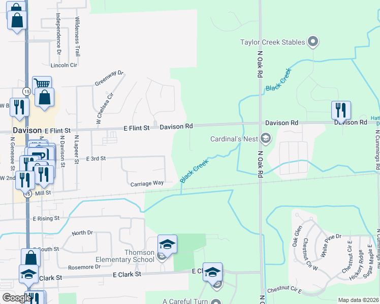 map of restaurants, bars, coffee shops, grocery stores, and more near 10364 Davison Road in Davison