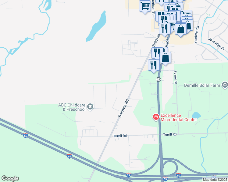 map of restaurants, bars, coffee shops, grocery stores, and more near 1118 Vivian Drive in Lapeer