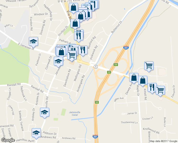 map of restaurants, bars, coffee shops, grocery stores, and more near 109 Ambergate Road in Syracuse