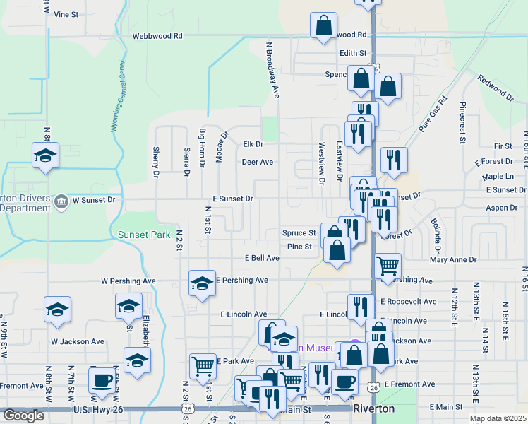 map of restaurants, bars, coffee shops, grocery stores, and more near 839 Rainbow Drive in Riverton