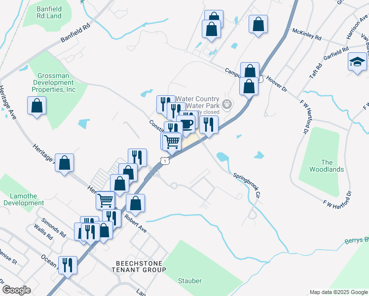 map of restaurants, bars, coffee shops, grocery stores, and more near 2460 Lafayette Road in Portsmouth