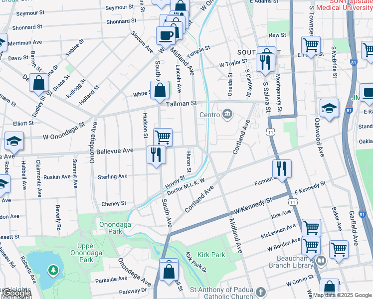 map of restaurants, bars, coffee shops, grocery stores, and more near 131 Bellevue Avenue in Syracuse