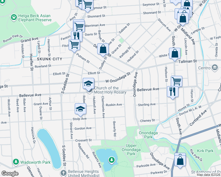 map of restaurants, bars, coffee shops, grocery stores, and more near 944-46 Bellevue Avenue in Syracuse