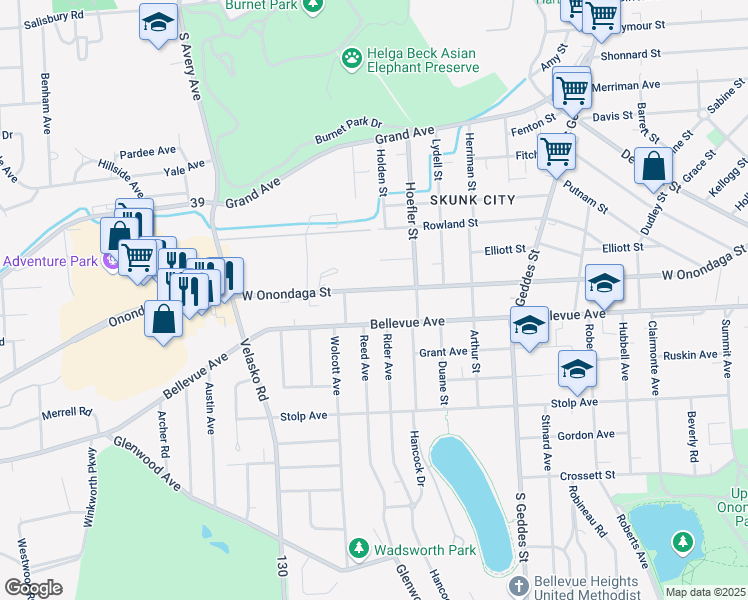 map of restaurants, bars, coffee shops, grocery stores, and more near 1661 West Onondaga Street in Syracuse