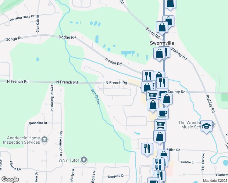 map of restaurants, bars, coffee shops, grocery stores, and more near 145 Autumn Creek Lane in Erie County