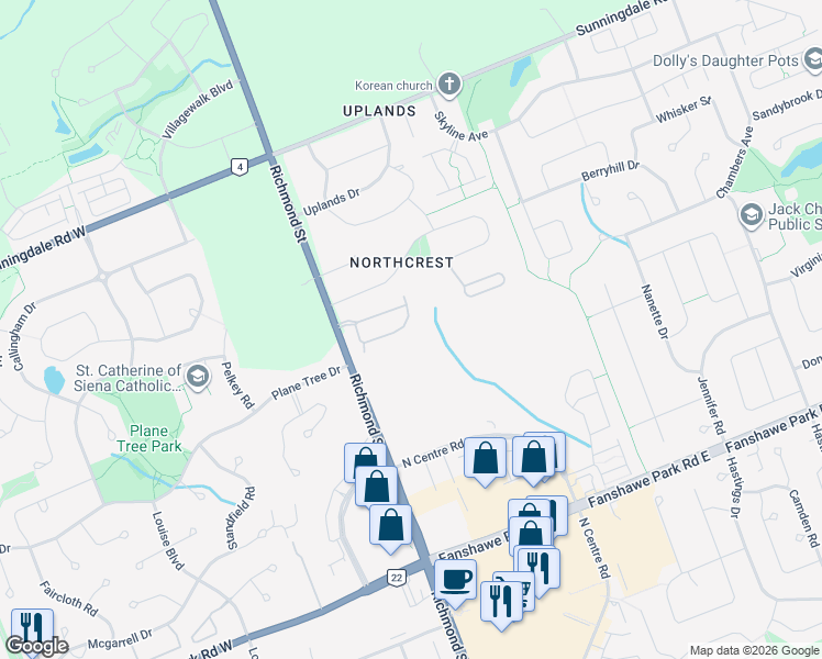 map of restaurants, bars, coffee shops, grocery stores, and more near 1890 Richmond Street in London