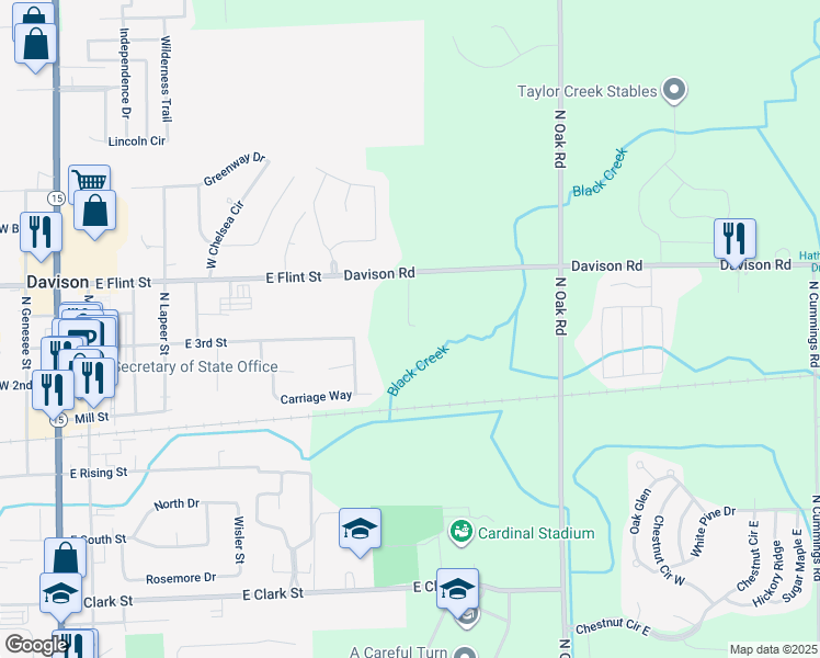 map of restaurants, bars, coffee shops, grocery stores, and more near 10364 Davison Road in Davison