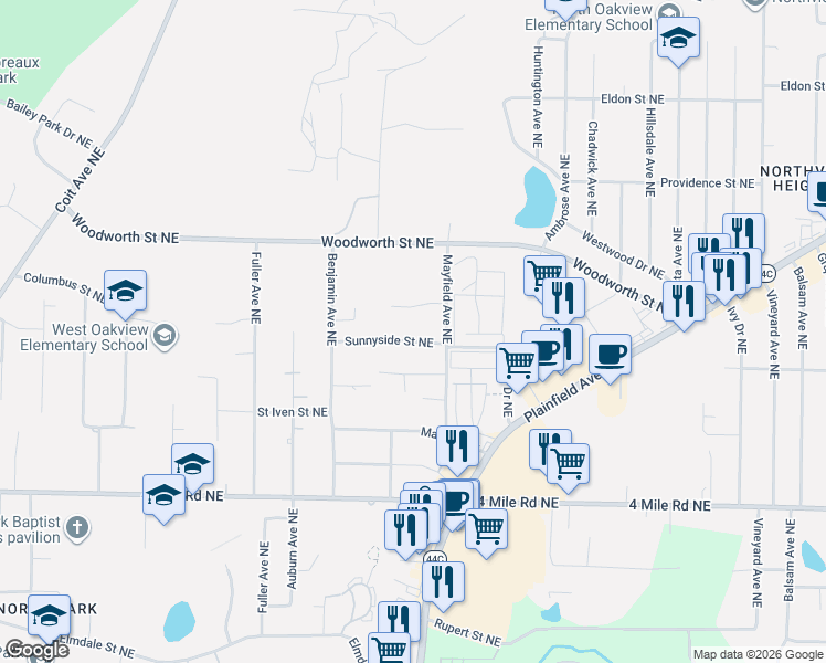 map of restaurants, bars, coffee shops, grocery stores, and more near 1425 Sunnyside Street Northeast in Grand Rapids