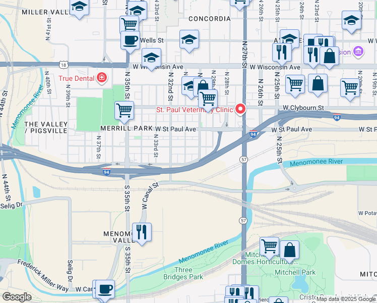 map of restaurants, bars, coffee shops, grocery stores, and more near 3031 West Mount Vernon Avenue in Milwaukee