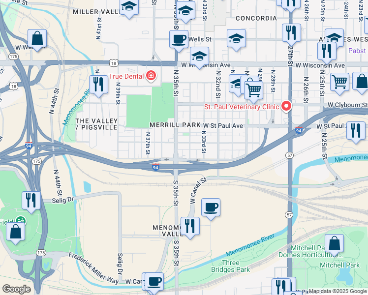 map of restaurants, bars, coffee shops, grocery stores, and more near 3411 West Mount Vernon Avenue in Milwaukee