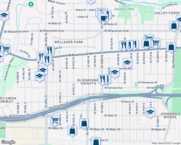 map of restaurants, bars, coffee shops, grocery stores, and more near 215 North 69th Street in Milwaukee