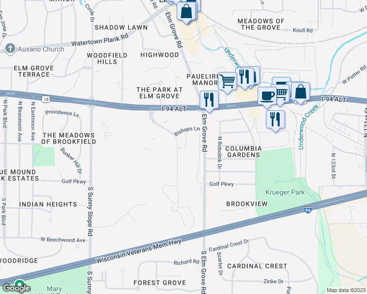 map of restaurants, bars, coffee shops, grocery stores, and more near 350 Bishops Way in Brookfield