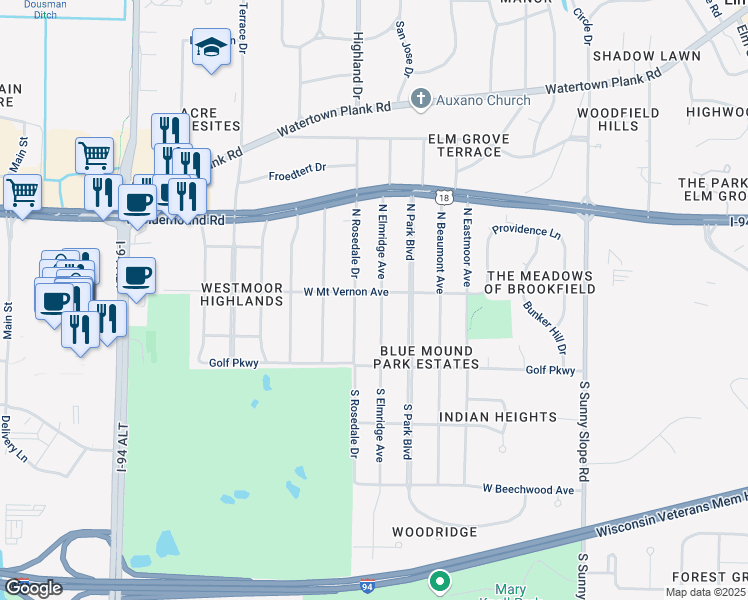 map of restaurants, bars, coffee shops, grocery stores, and more near 280 North Rosedale Drive in Brookfield
