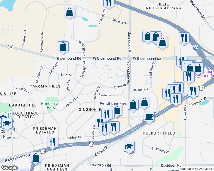 map of restaurants, bars, coffee shops, grocery stores, and more near 2008 Ruben Drive in Waukesha