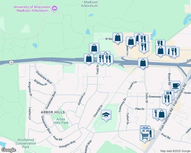 map of restaurants, bars, coffee shops, grocery stores, and more near 2710 McDivitt Road in Madison