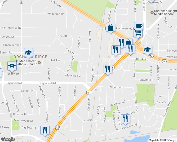 map of restaurants, bars, coffee shops, grocery stores, and more near 1811 Reetz Road in Madison