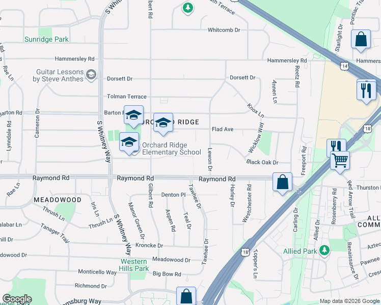 map of restaurants, bars, coffee shops, grocery stores, and more near 5314 Russett Road in Madison