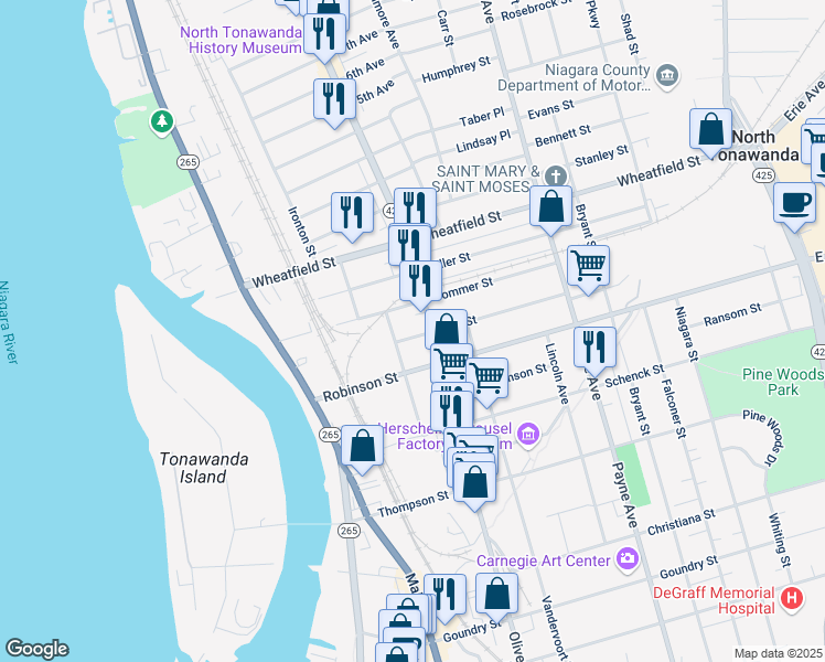 map of restaurants, bars, coffee shops, grocery stores, and more near 26 Keil Street in North Tonawanda