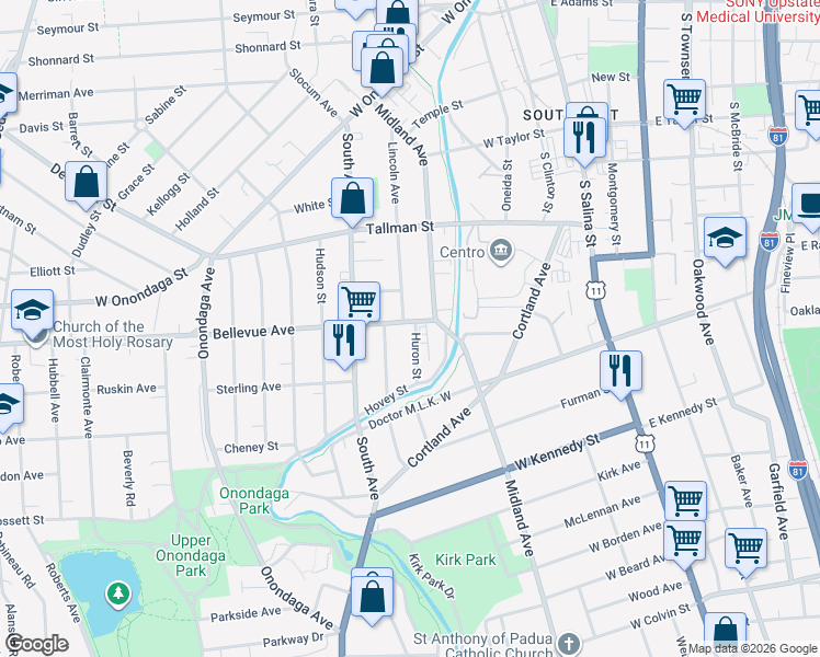 map of restaurants, bars, coffee shops, grocery stores, and more near 131 Bellevue Avenue in Syracuse