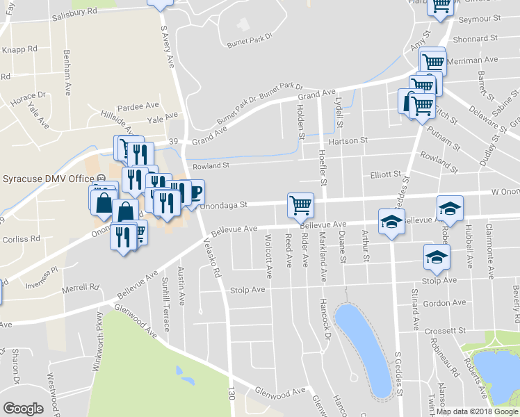 map of restaurants, bars, coffee shops, grocery stores, and more near 1715 West Onondaga Street in Syracuse