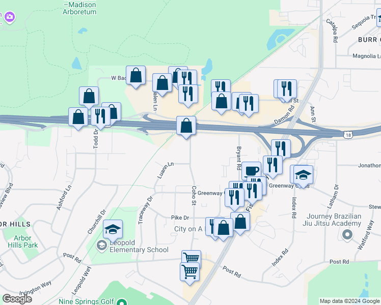 map of restaurants, bars, coffee shops, grocery stores, and more near 2738 Coho Street in Madison