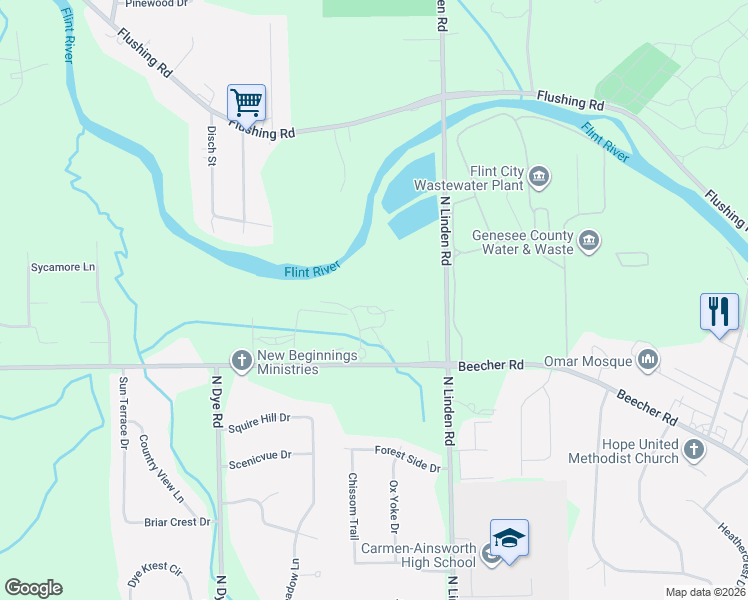 map of restaurants, bars, coffee shops, grocery stores, and more near 2056 Walden Court in Flint