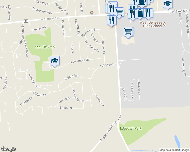 map of restaurants, bars, coffee shops, grocery stores, and more near 305 Oakridge Drive in Camillus