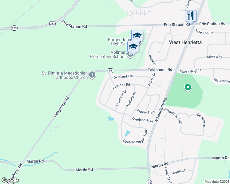 map of restaurants, bars, coffee shops, grocery stores, and more near 63 Cascade Rd in West Henrietta