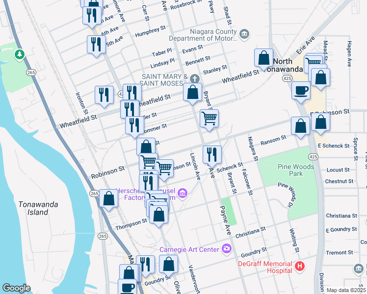 map of restaurants, bars, coffee shops, grocery stores, and more near 240 Robinson Street in North Tonawanda