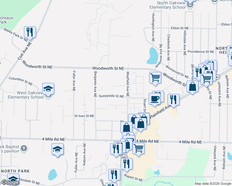 map of restaurants, bars, coffee shops, grocery stores, and more near 1425 Sunnyside Street Northeast in Grand Rapids