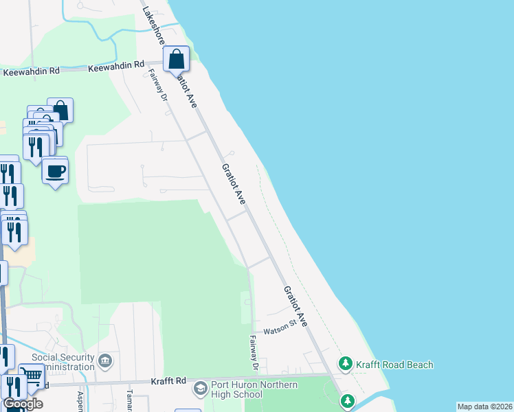 map of restaurants, bars, coffee shops, grocery stores, and more near 4250 Gratiot Avenue in Port Huron