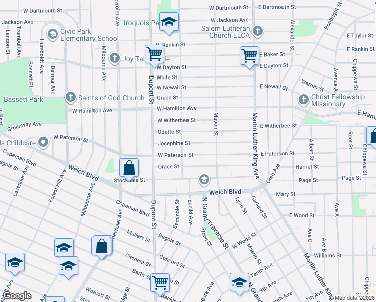 map of restaurants, bars, coffee shops, grocery stores, and more near 426 West Paterson Street in Flint