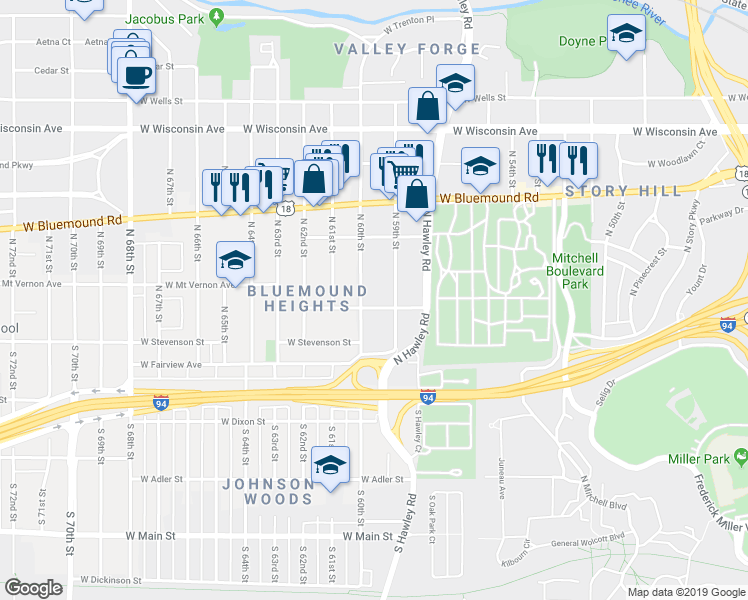 map of restaurants, bars, coffee shops, grocery stores, and more near 5926 West Park Hill Avenue in Milwaukee