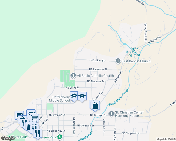 map of restaurants, bars, coffee shops, grocery stores, and more near 702 Northeast Laurance Street in Myrtle Creek