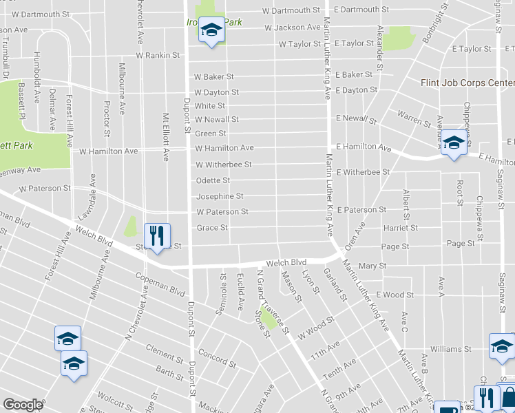 map of restaurants, bars, coffee shops, grocery stores, and more near 326 West Paterson Street in Flint
