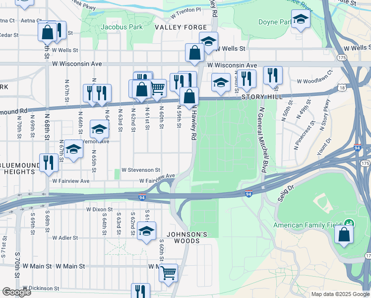 map of restaurants, bars, coffee shops, grocery stores, and more near 5820 W Park Hill Ave in Milwaukee