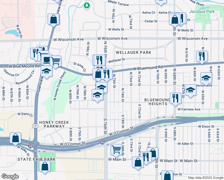map of restaurants, bars, coffee shops, grocery stores, and more near 213 North 75th Street in Milwaukee